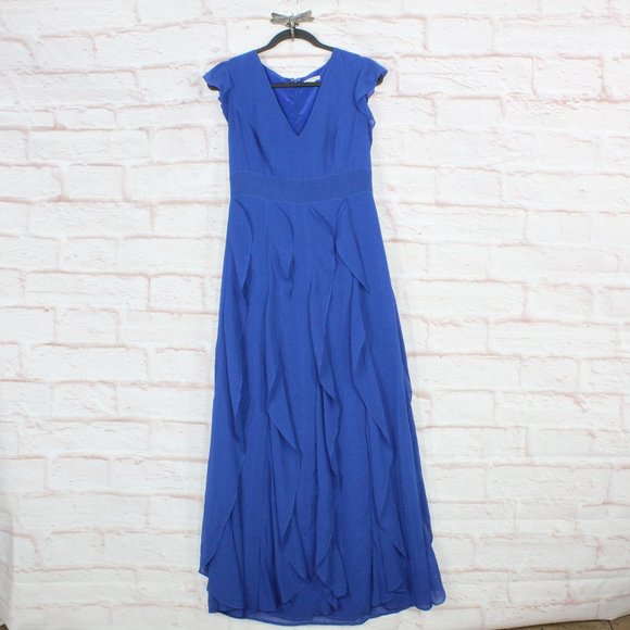 Lace & Mesh Dresses & Skirts - Lace & Mesh Blue Polyester Lined V-Neck Cap Sleeve Ruffled Long Dress Size M